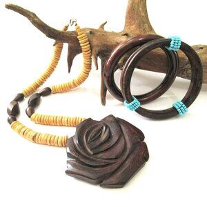 Handcrafted Wood Rose Pendant Necklace & Bangle Bracelets Set With Blue Beaded A